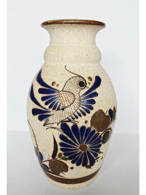 Handmade Ceramic Vase With Bird & Floral Design - Vintage Artisan Pottery With S